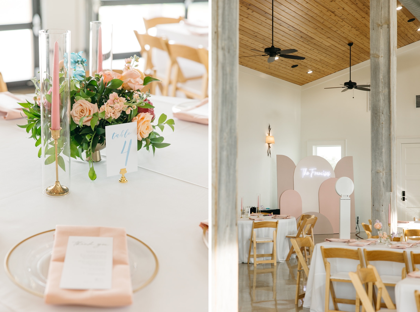 A wedding reception decorated with pink candlesticks, napkins, and florals