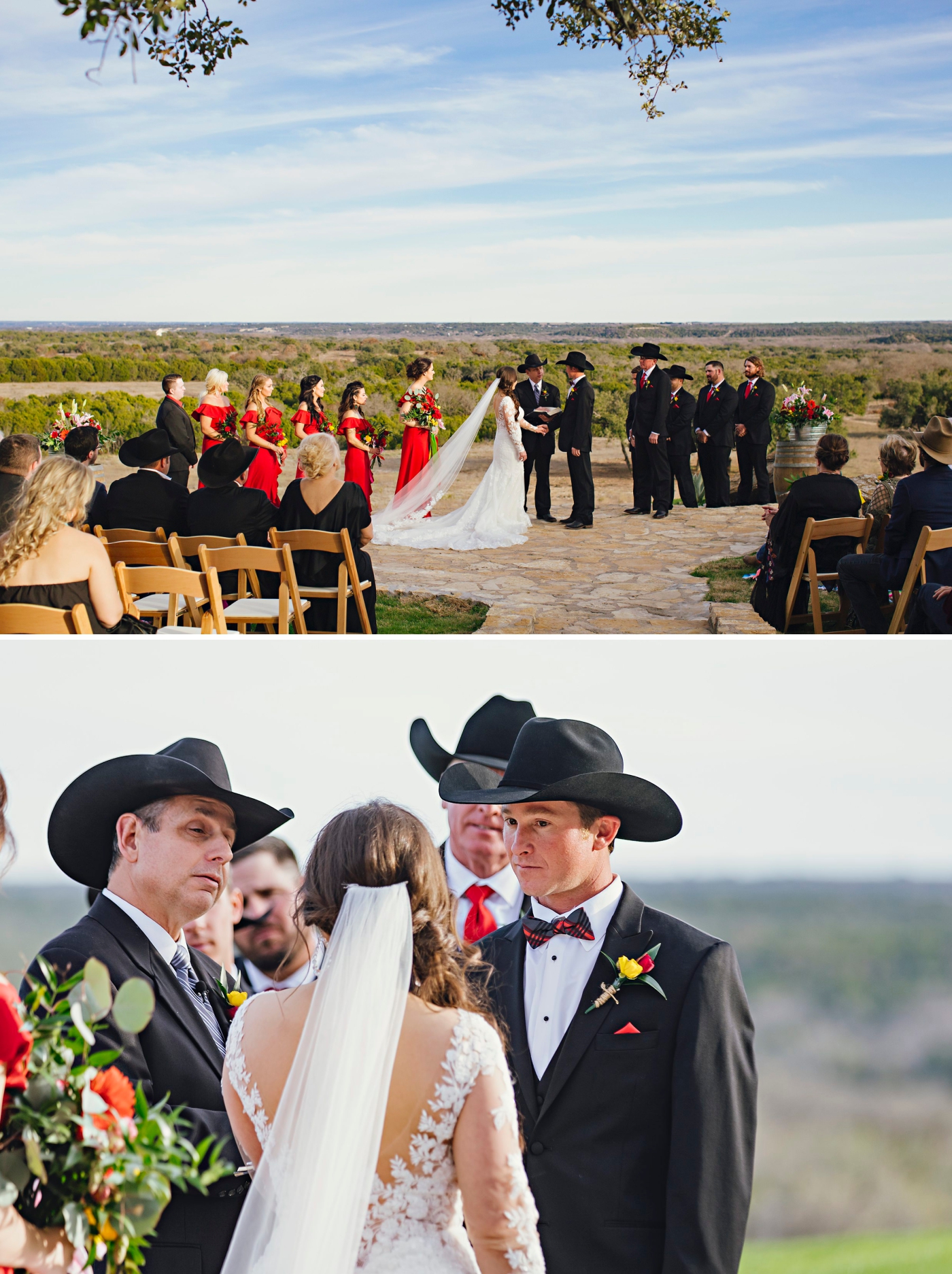 A wedding ceremony on a flagstone courtyard overlooking a green forest 