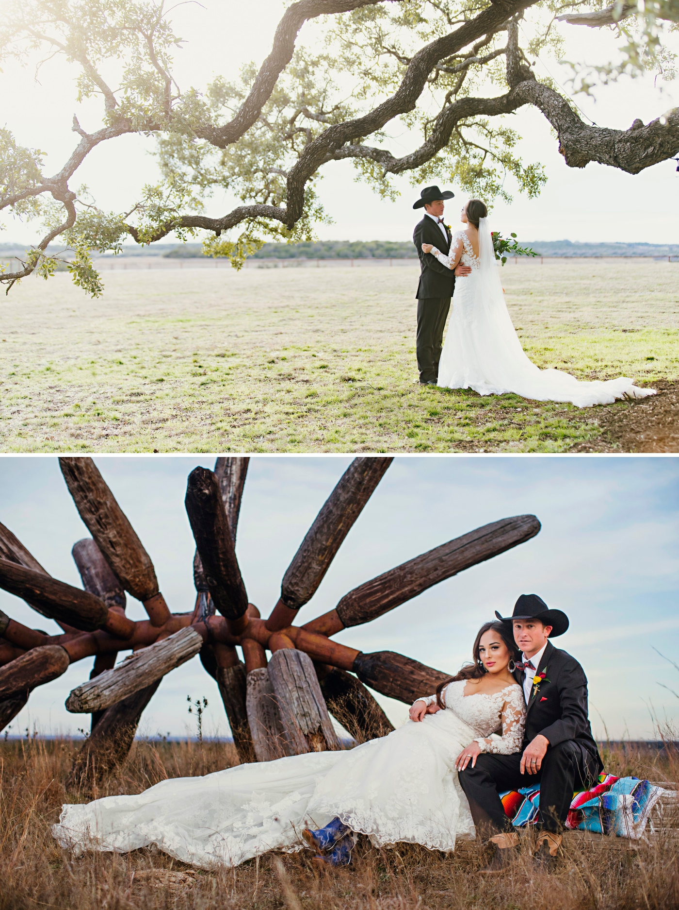 A bride and groom pose for couple's portraits beneath an oak tree at the Diamond A Ranch