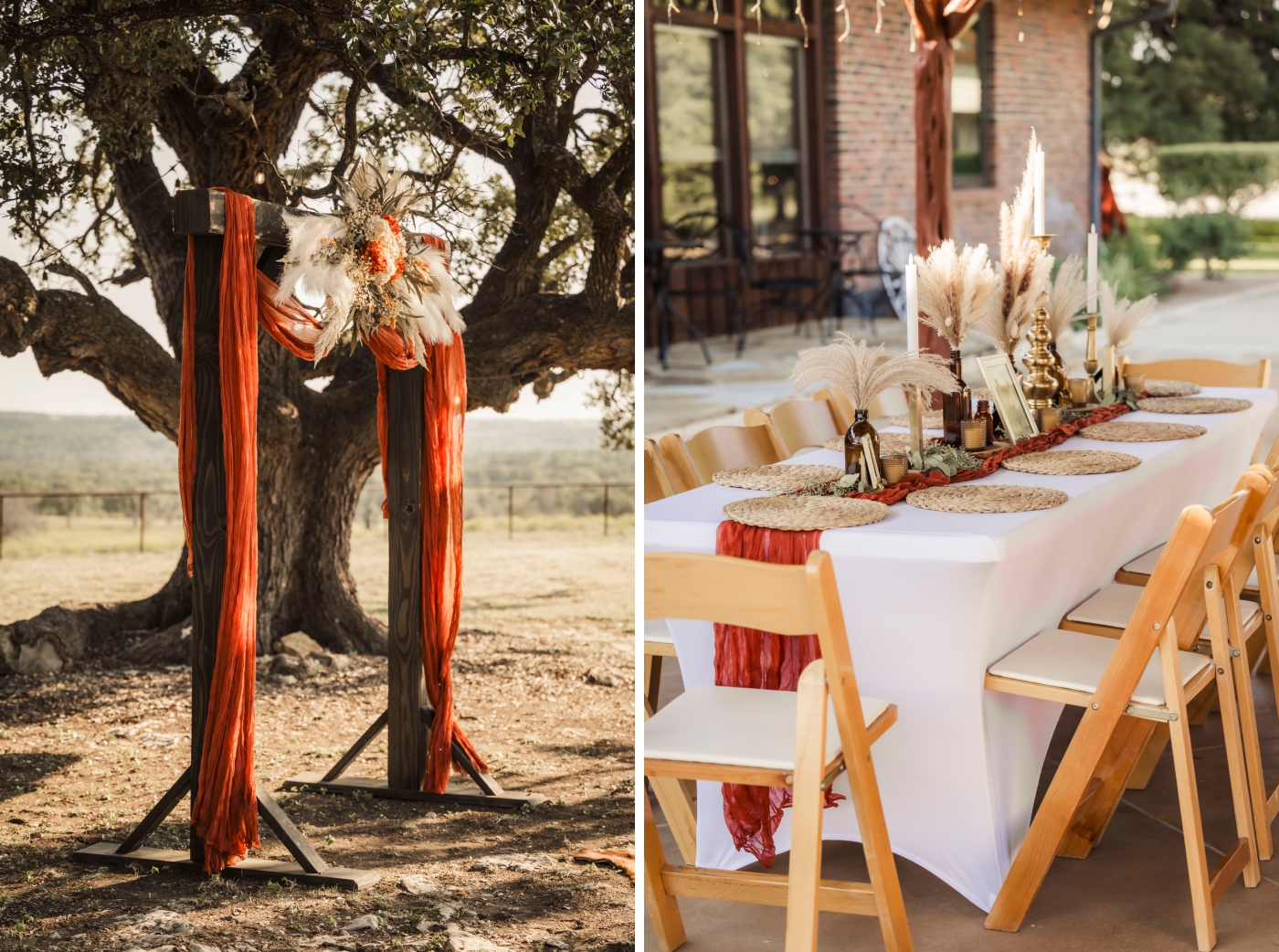 A dining table for a micro wedding decorate with a rust table runner and pampas grass with gold accents