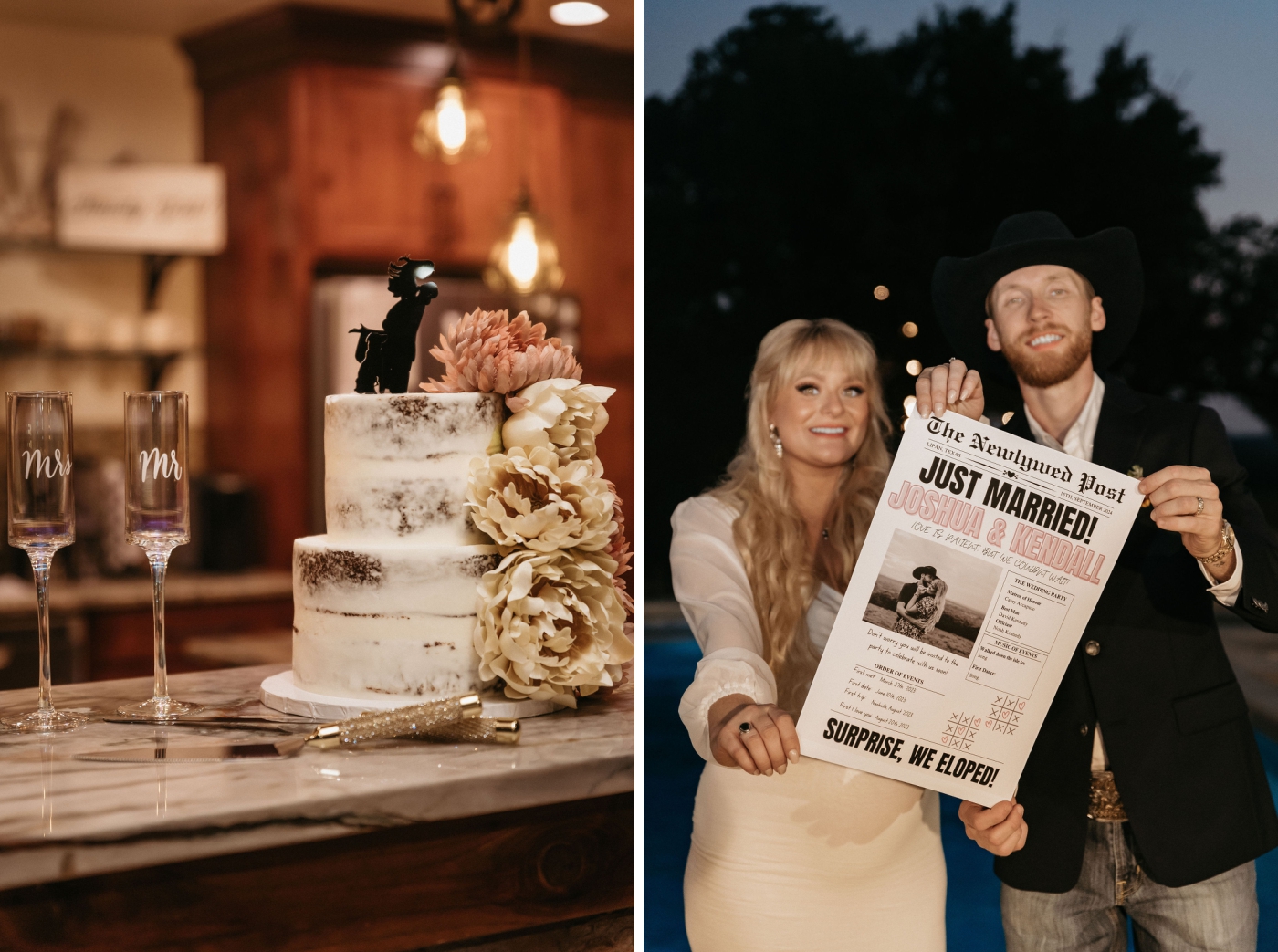 A bride and groom hold a customized newspaper that talks about planning a micro wedding at the Diamond A Ranch