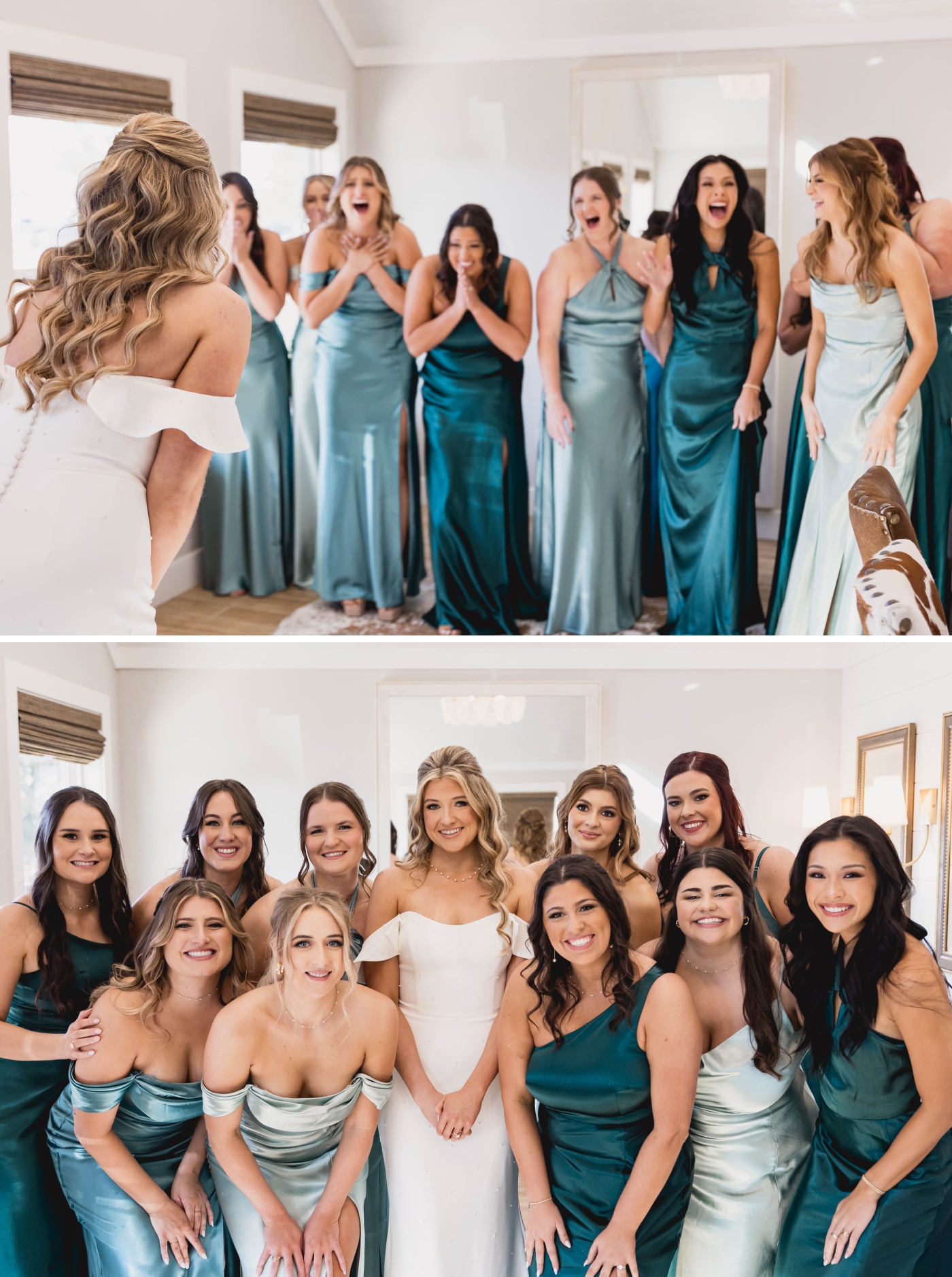 A bridal party dressed in silk gowns reacts to seeing the bride in her dress for the first time