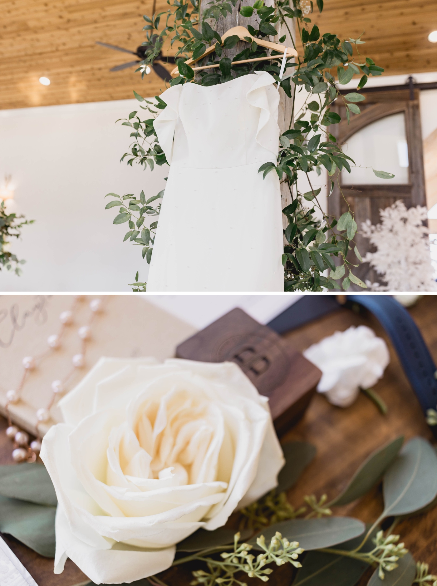A bride's dress hanging among greenery at Diamond A Ranch, a Weatherford wedding venue 