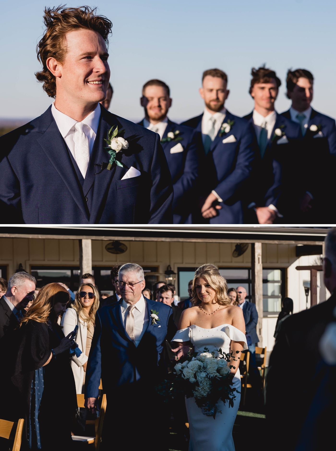 Wedding guests smile as the bride walks down the aisle on her father's arm at our Weatherford wedding venue