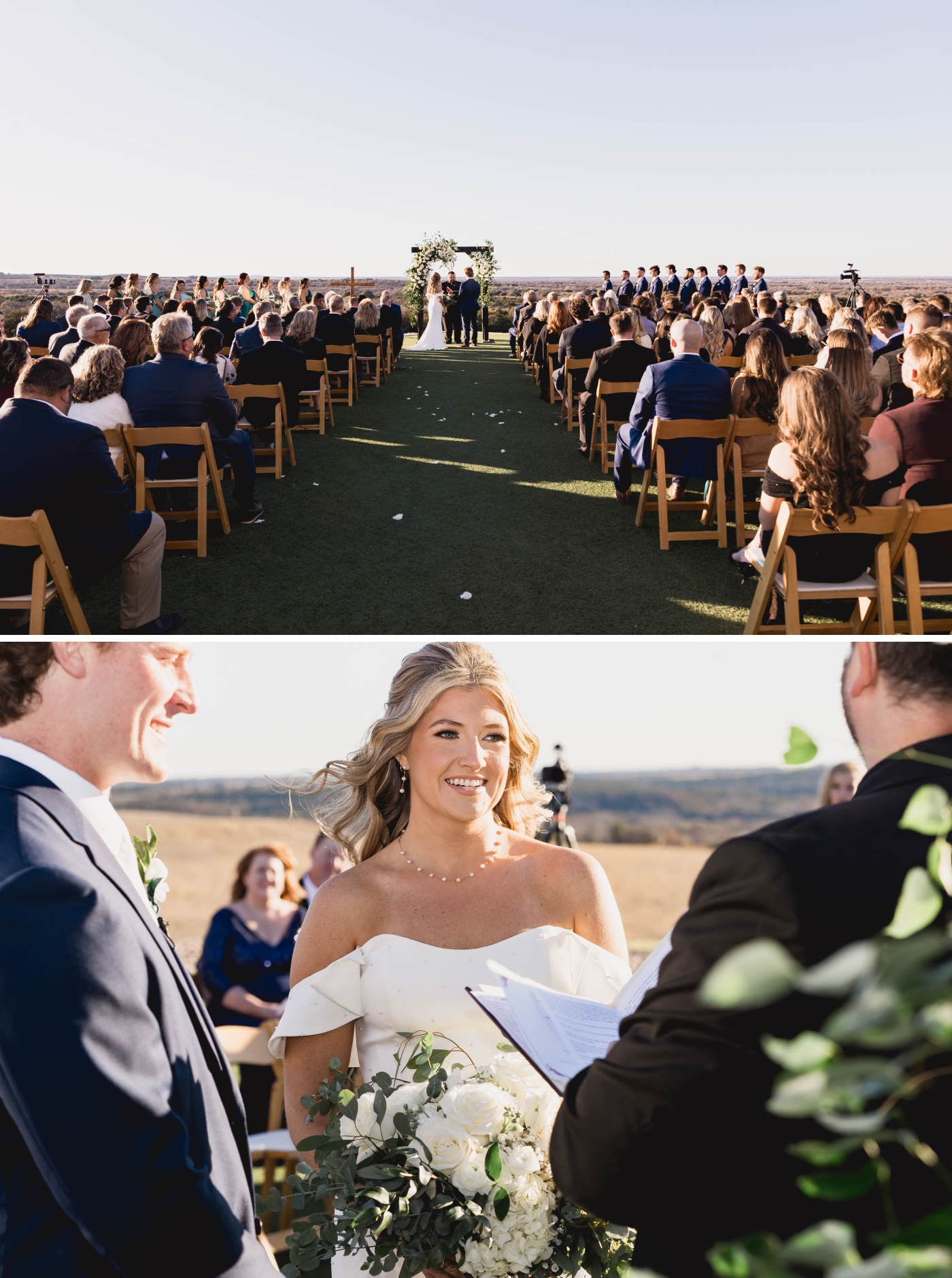 A bride and groom get married on the Saloon Turf, overlooking the Texas Hill Country 