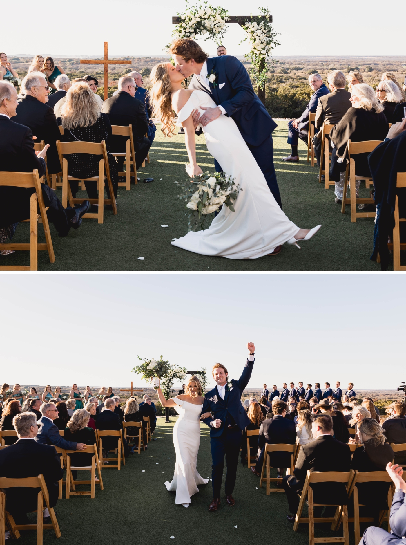 Guests cheer as the bride and groom walk back up the aisle after their wedding ceremony