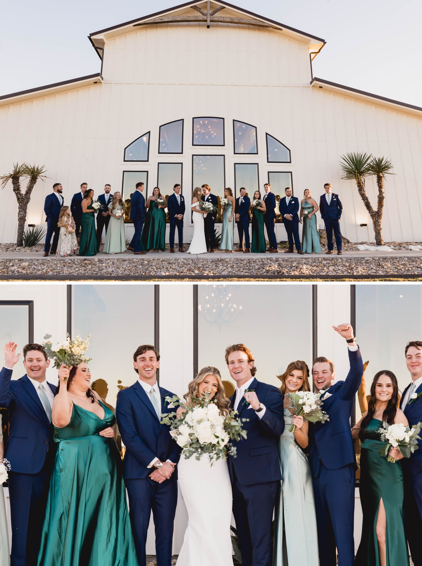 The wedding party poses outside the Homestead Saloon at Diamond A Ranch, a Weatherford wedding venue
