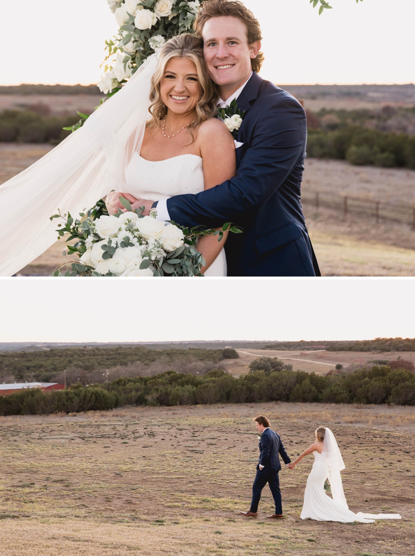 A bride and groom explore our Weatherford wedding venue, taking couple's portraits around the grounds