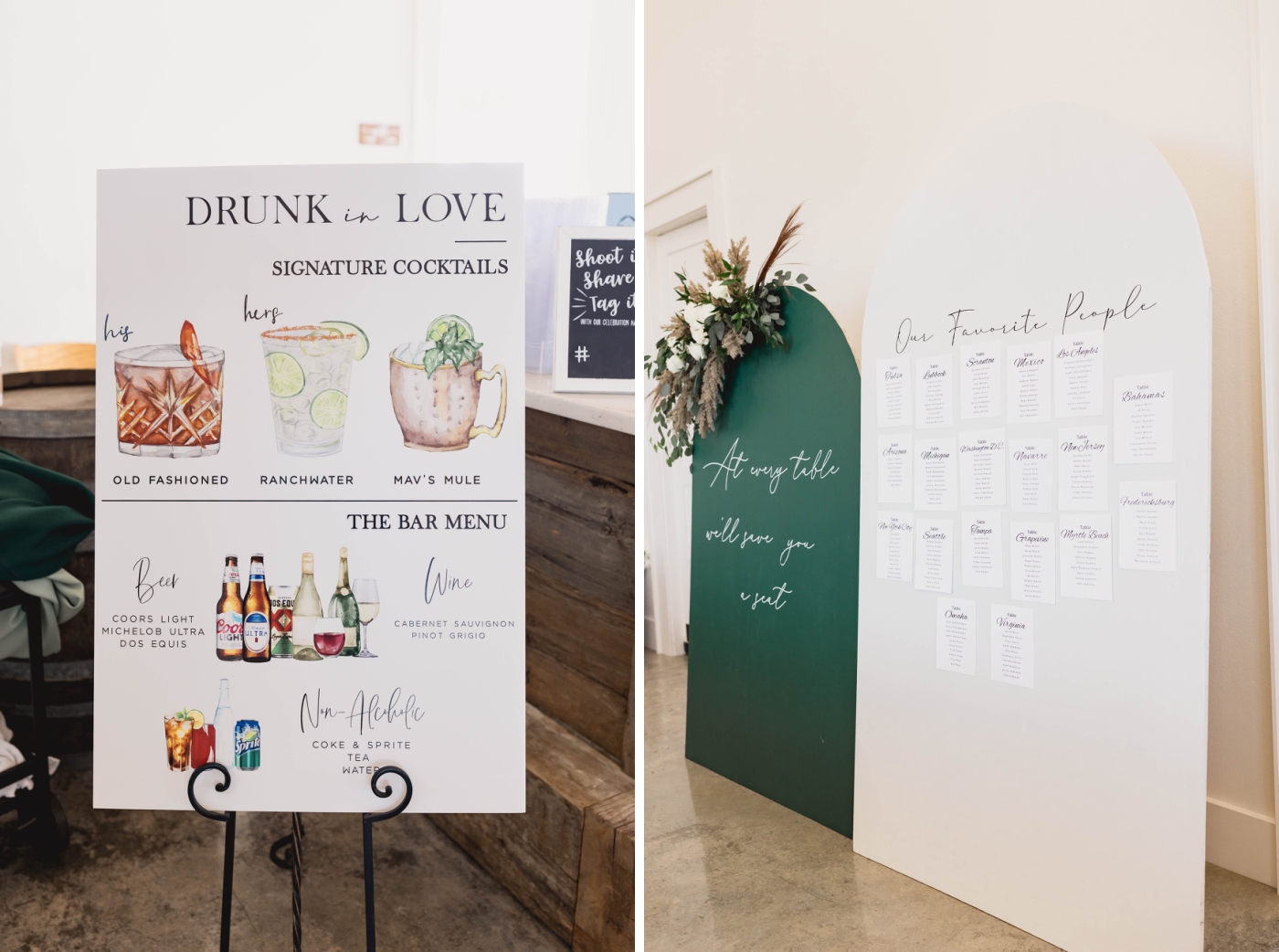 The seating chart and drink signs at a Weatherford wedding venue reception 