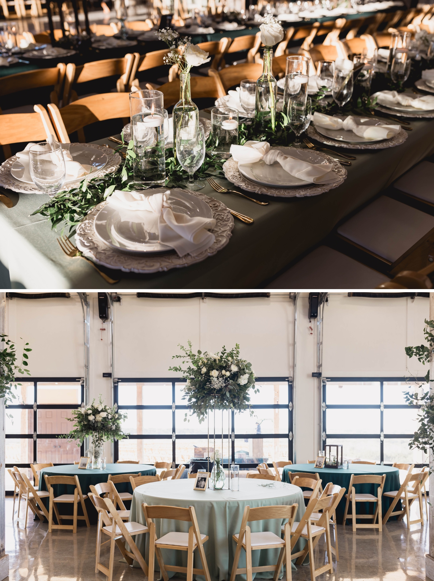 The Homestead Saloon at Diamond A Ranch, decorated with blue tablecloths for a wedding reception