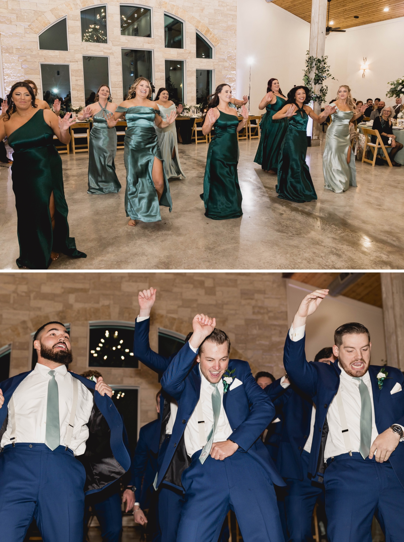 The bridesmaids and groomsman perform coreographed dances for the wedding guests at a Weatherford wedding venue