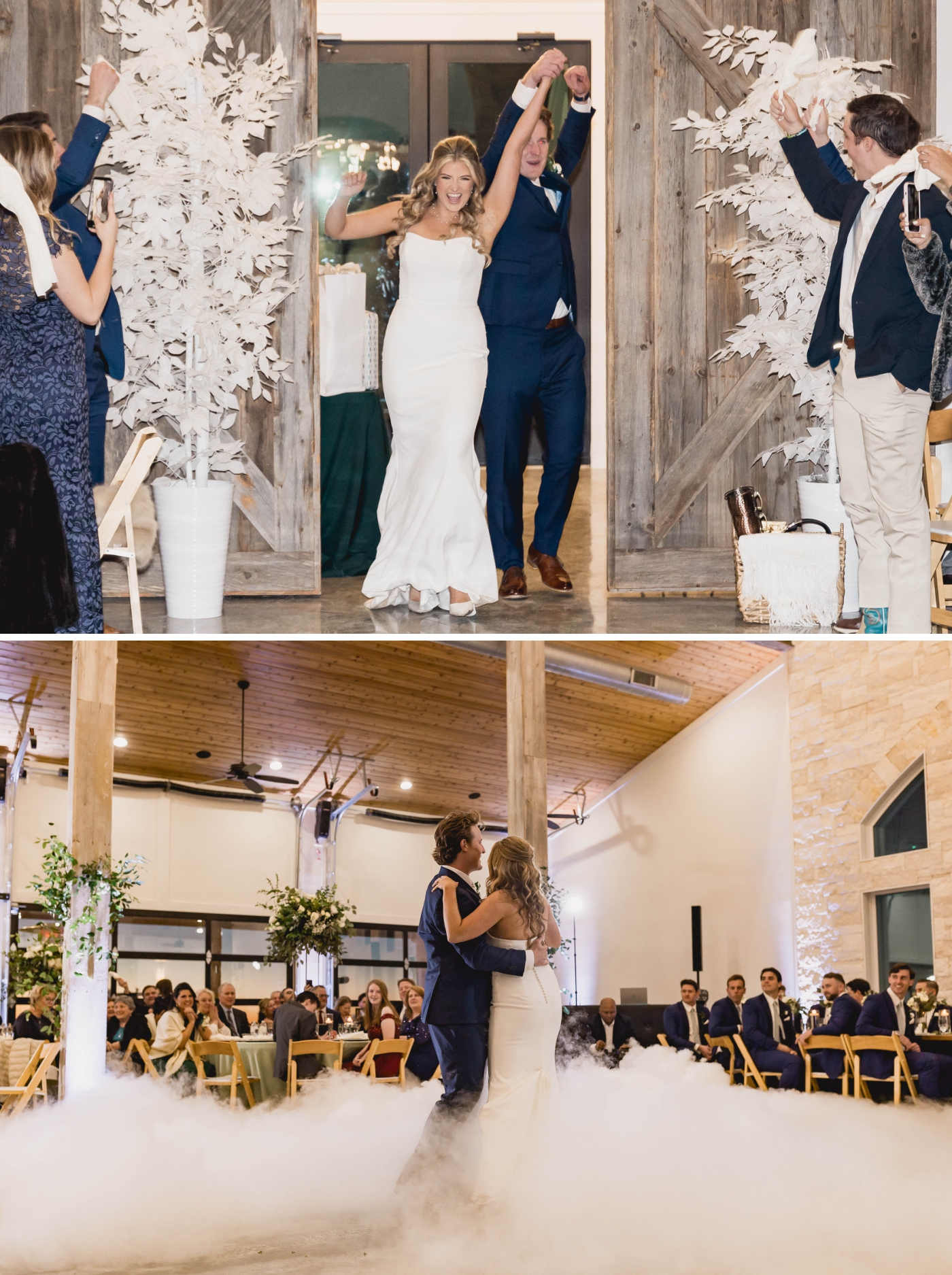 A bride and groom enter their wedding reception and begin their first dance accompanied by a fog machine