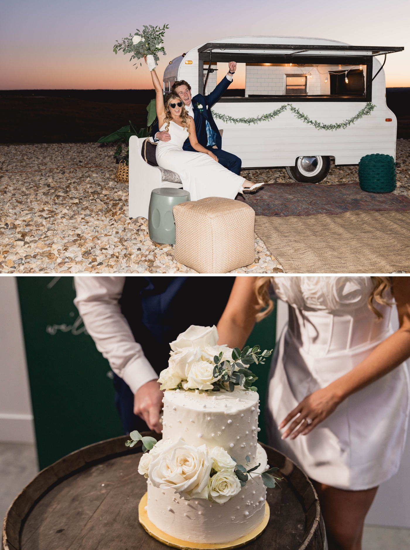 A bride and groom cut the cake at their Weatherford wedding venue reception 
