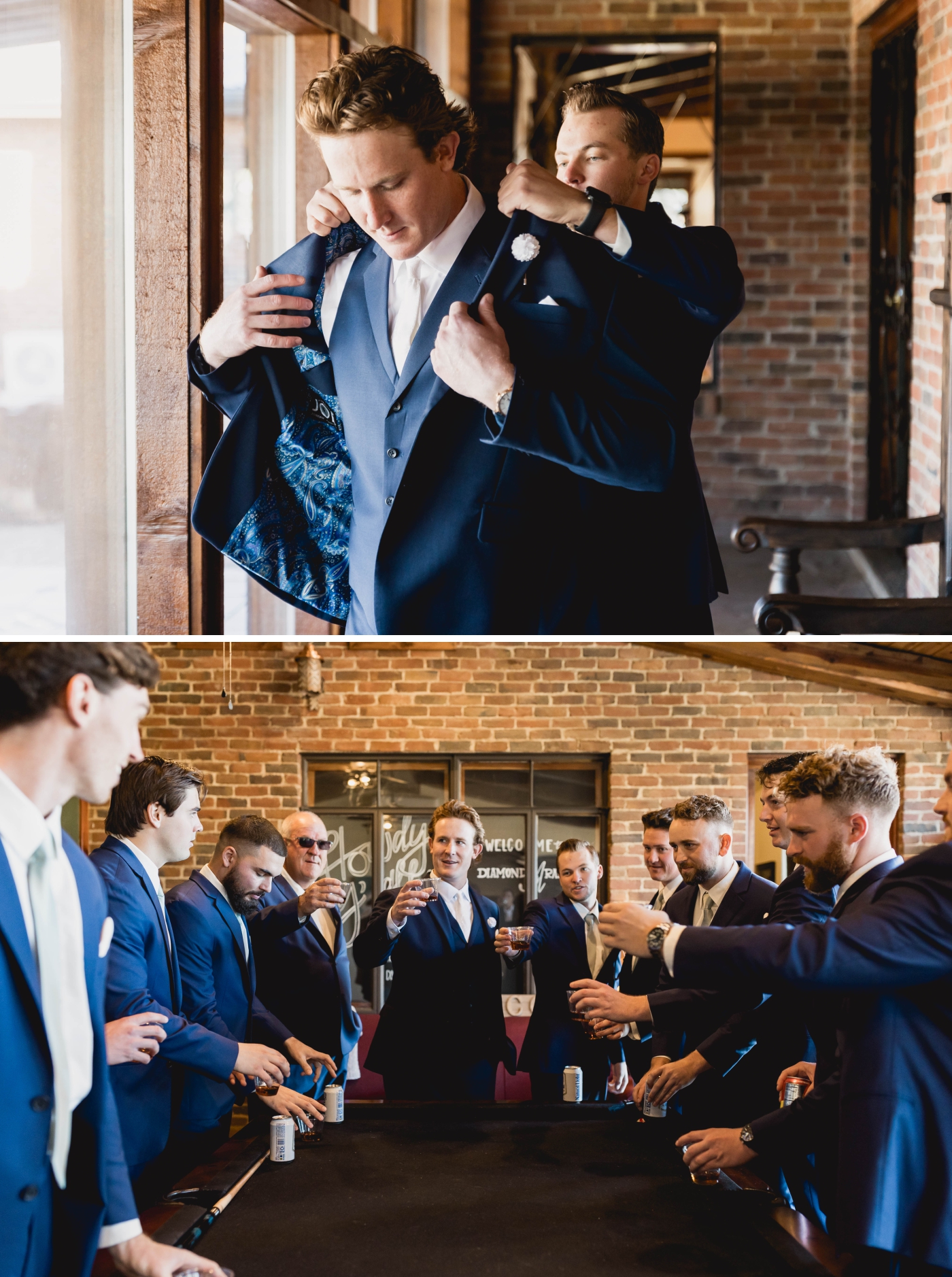 The groomsmen stand around the pool table in the Groom's Quarters before the wedding