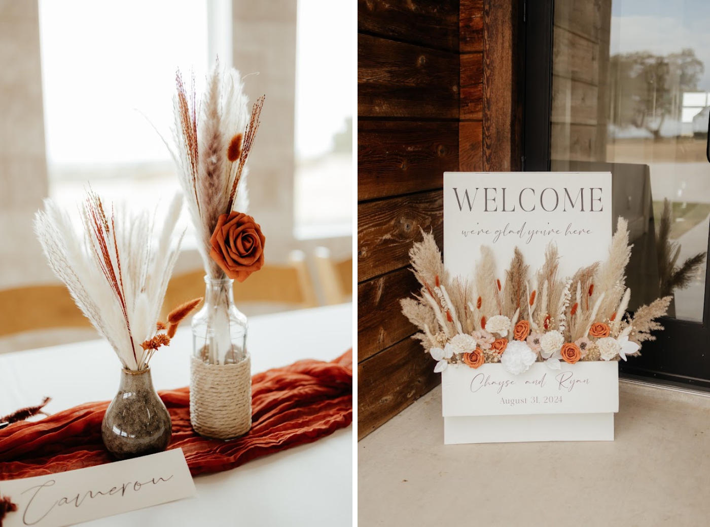 Rust flowers with pampas grass decorating a destination wedding welcome sign at Diamond A Ranch