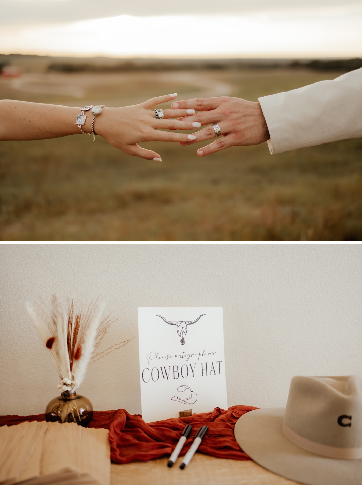 A cowboy hat serving as a guest book at a Texas destination wedding at Diamond A Ranch in Weatherford, Texas