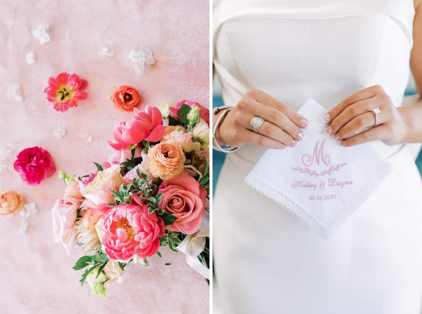 Detail photos of a wedding bouquet and personalized handkerchief at a North Texas wedding venue