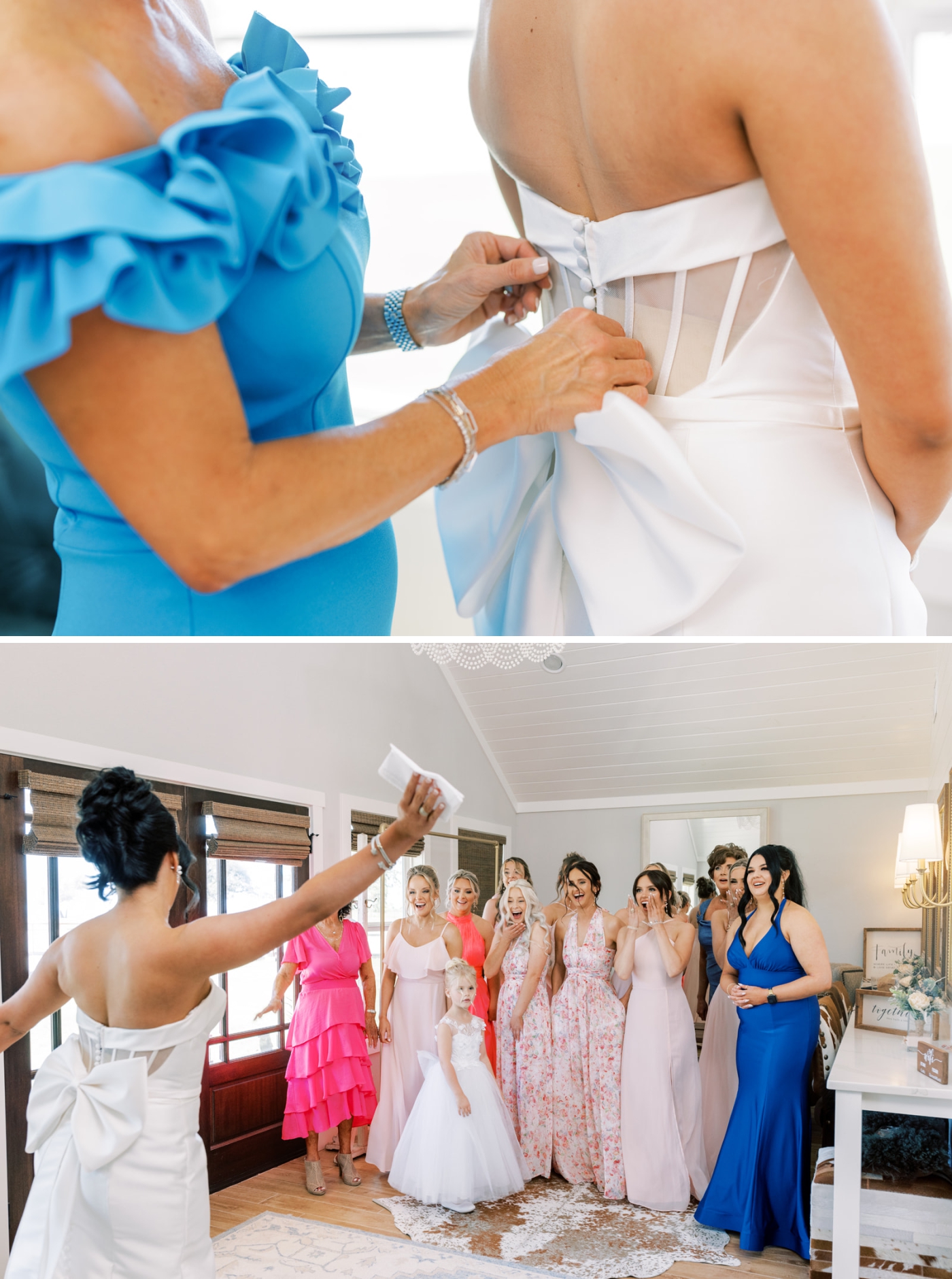 A bride reveals her dress to her bridesmaids in the Bridal Casita at the Diamond A Ranch