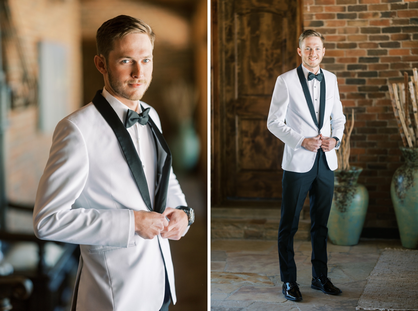 A groom in a white tuxedo jacket with black lapels dresses for his May wedding at North Texas wedding venue