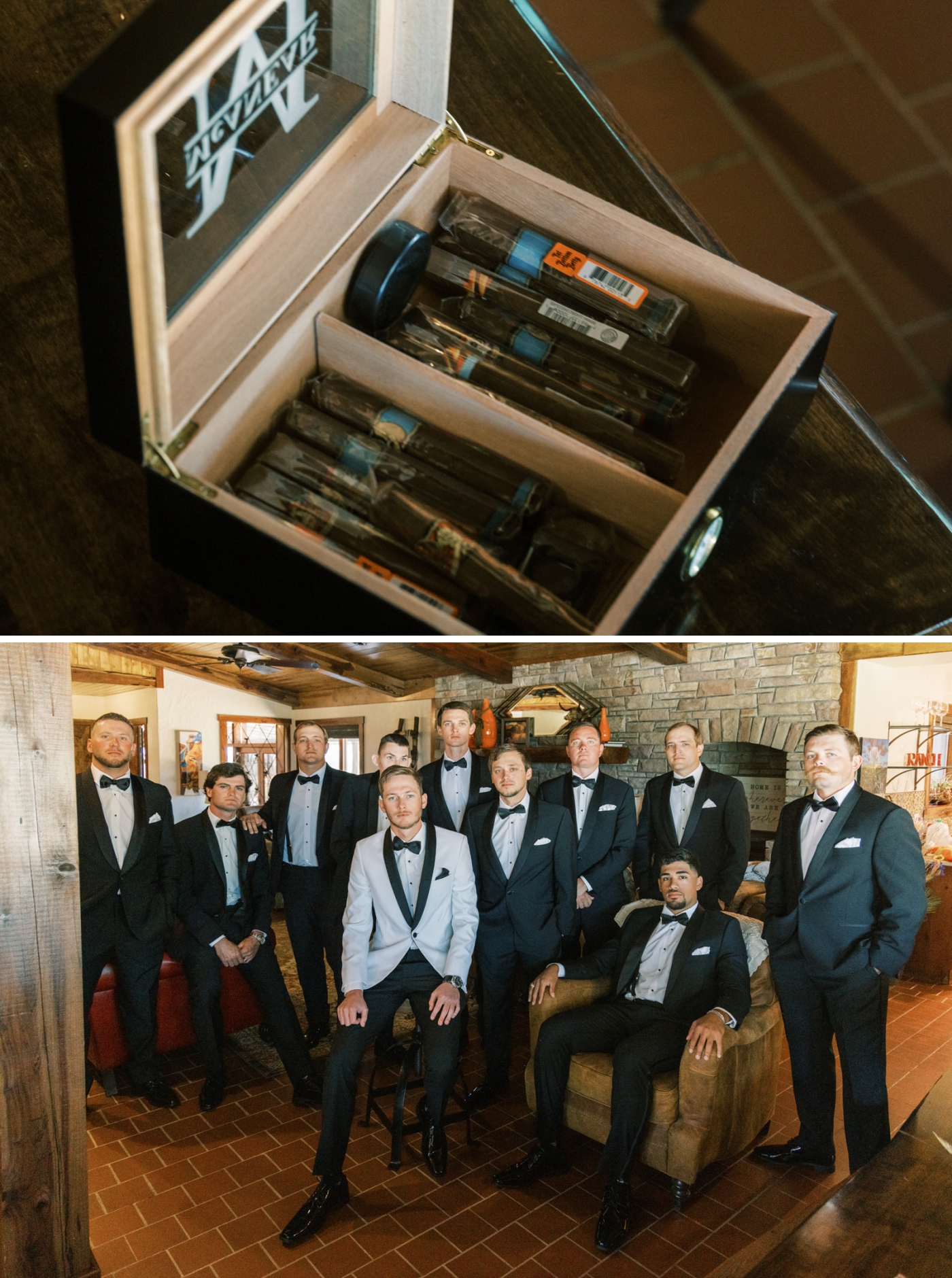 A groom and his groomsmen smoke cigars before a wedding ceremony at a North Texas wedding venue