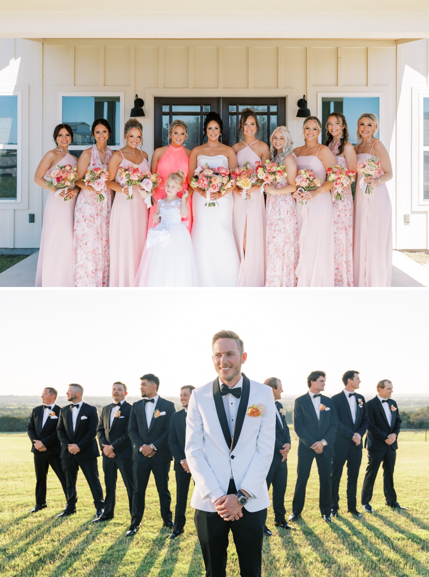 Portraits of bridesmaids in pink and floral patterned dresses and groomsmen in black suits with suspenders and bow ties at a North Texas wedding venue