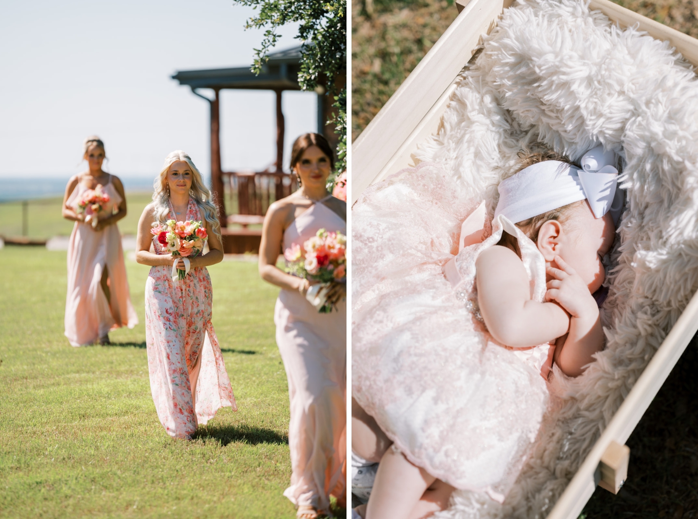 Bridesmaids in pink and floral patterned dresses walk down the aisle at a North Texas wedding venue