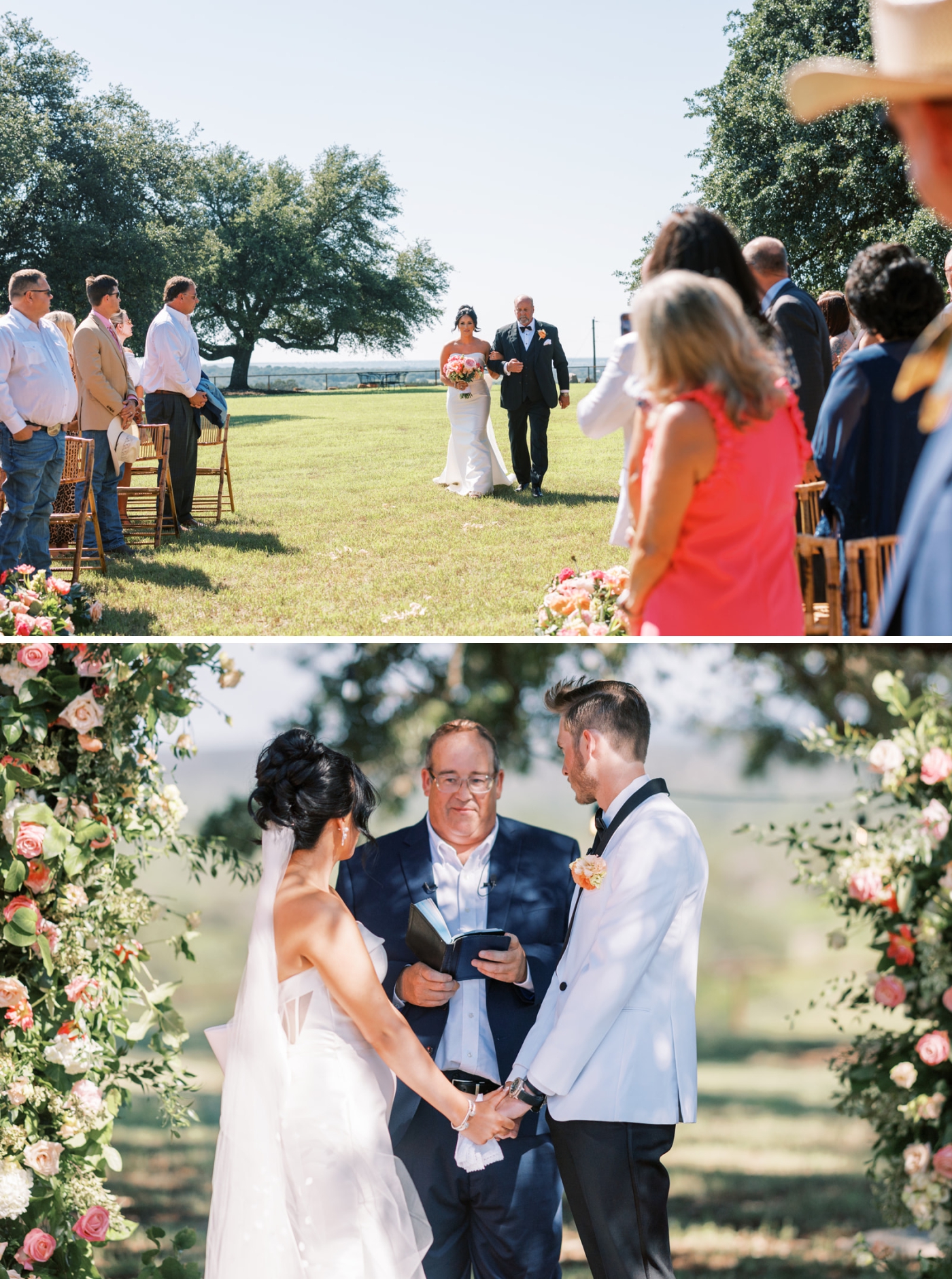 A bride in a strapless white gown with a large bow walks down the aisle with her father
