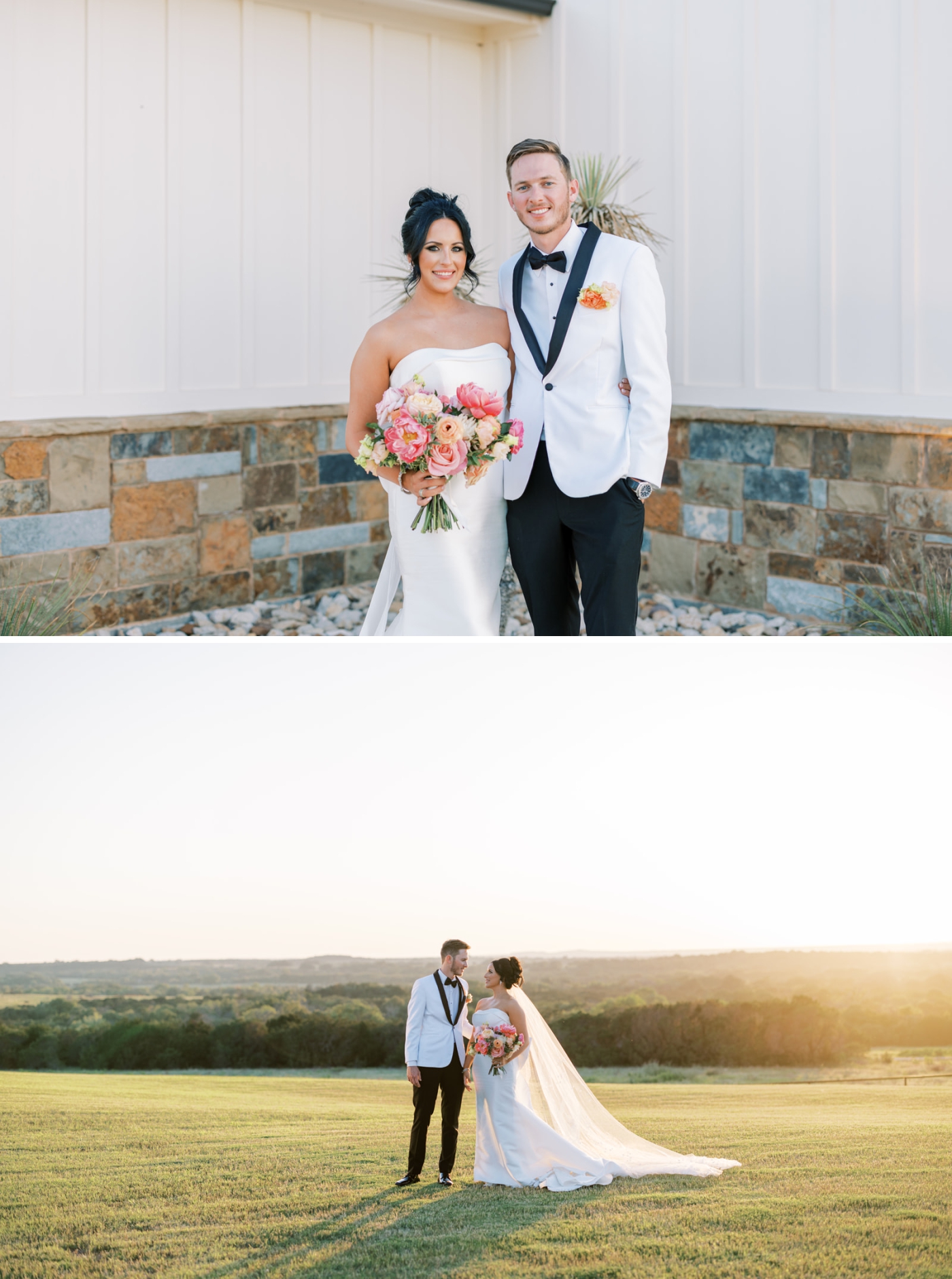 Golden hour couple's portraits overlooking the Texas Hill Country at a North Texas wedding venue