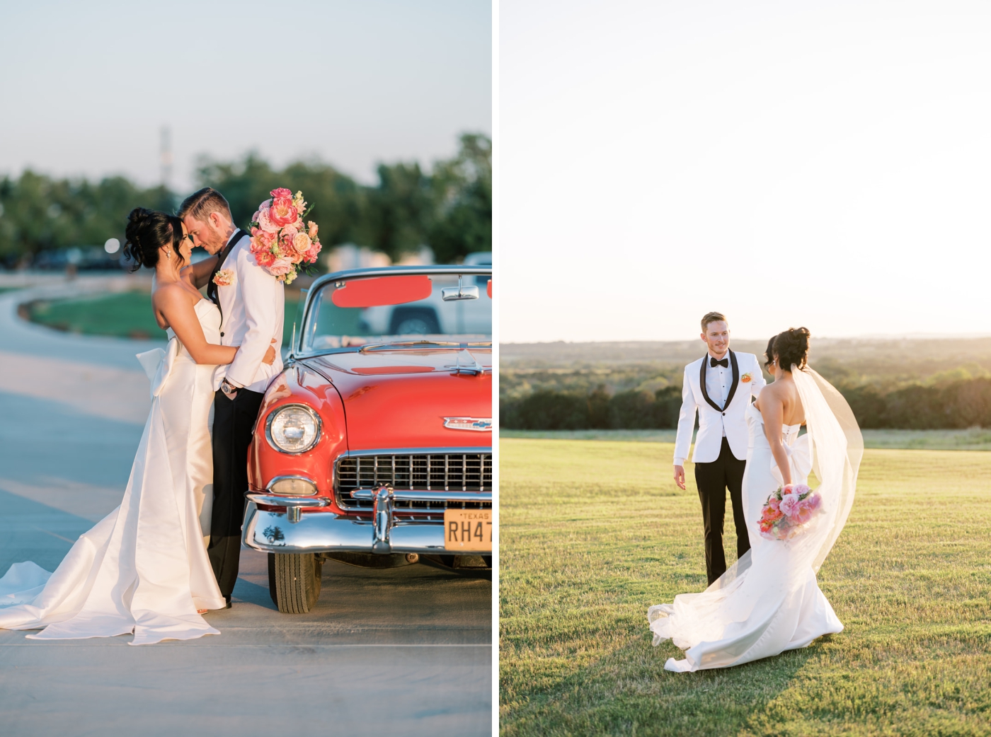 A bride and groom lean against a classic red car during golden hour portraits at a North Texas wedding venue