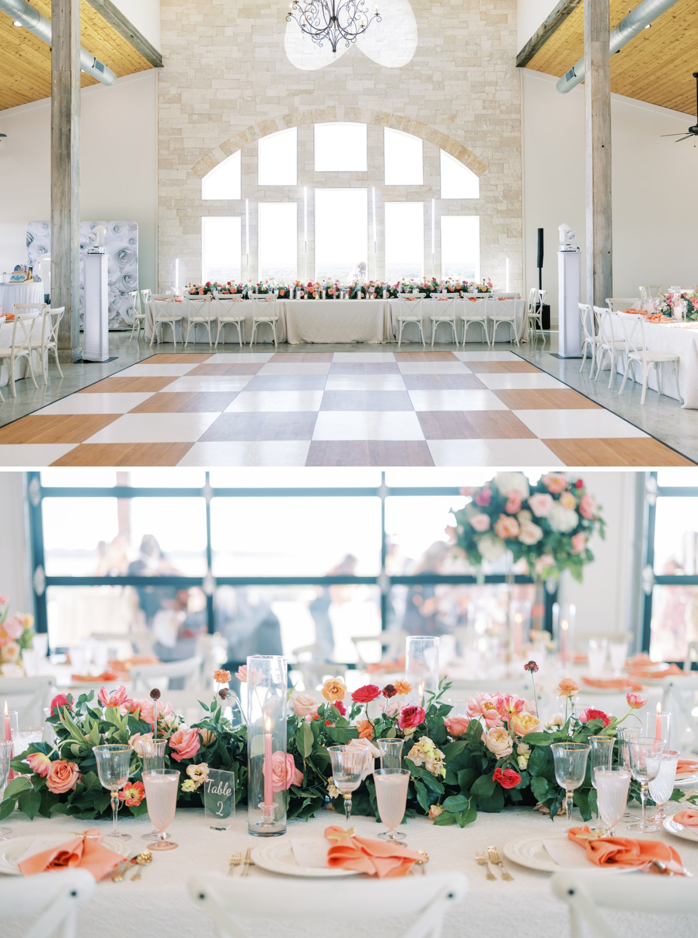 The Homestead Saloon at the Diamond A Ranch decorated with pink and blush florals for a wedding reception