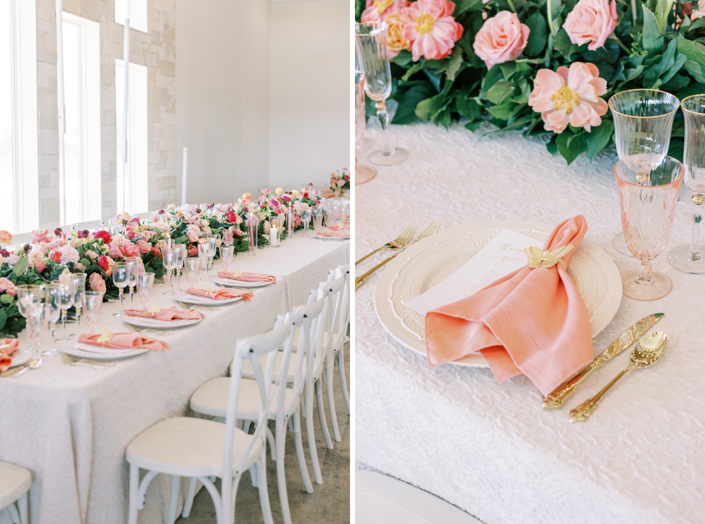 A floral tablescape with coral-colored linen napkins