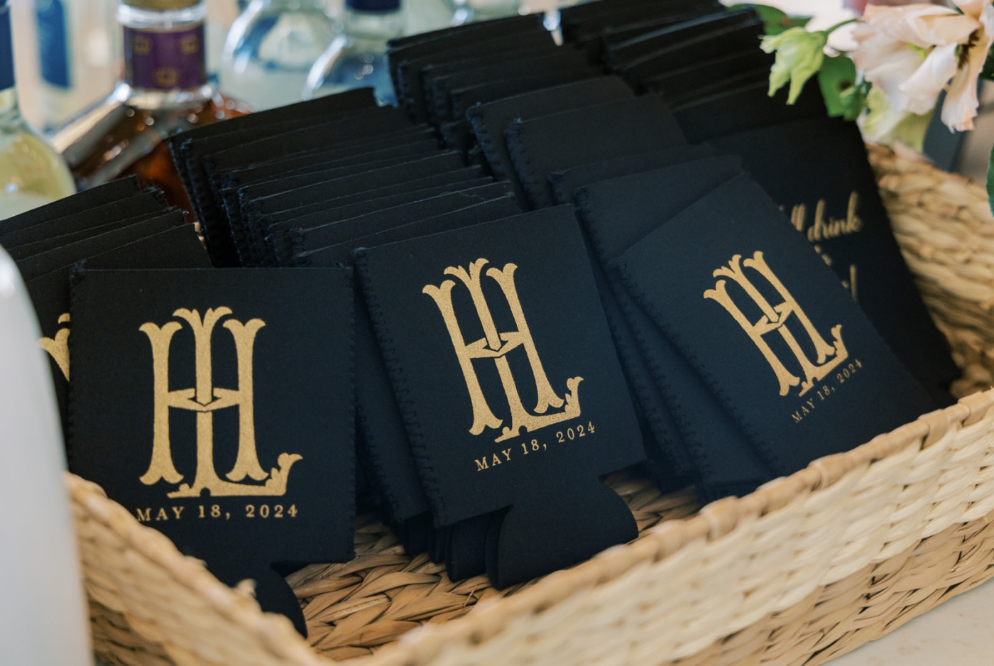 Custom beer cozies with the bride and groom's initials