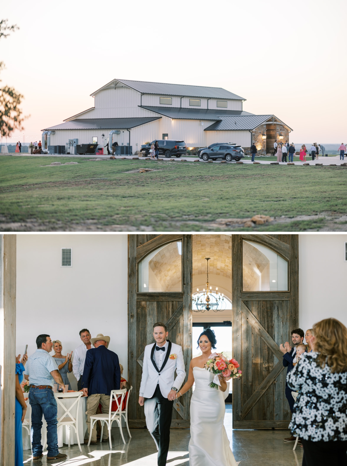The bride and groom enter the wedding reception at the Diamond A Ranch