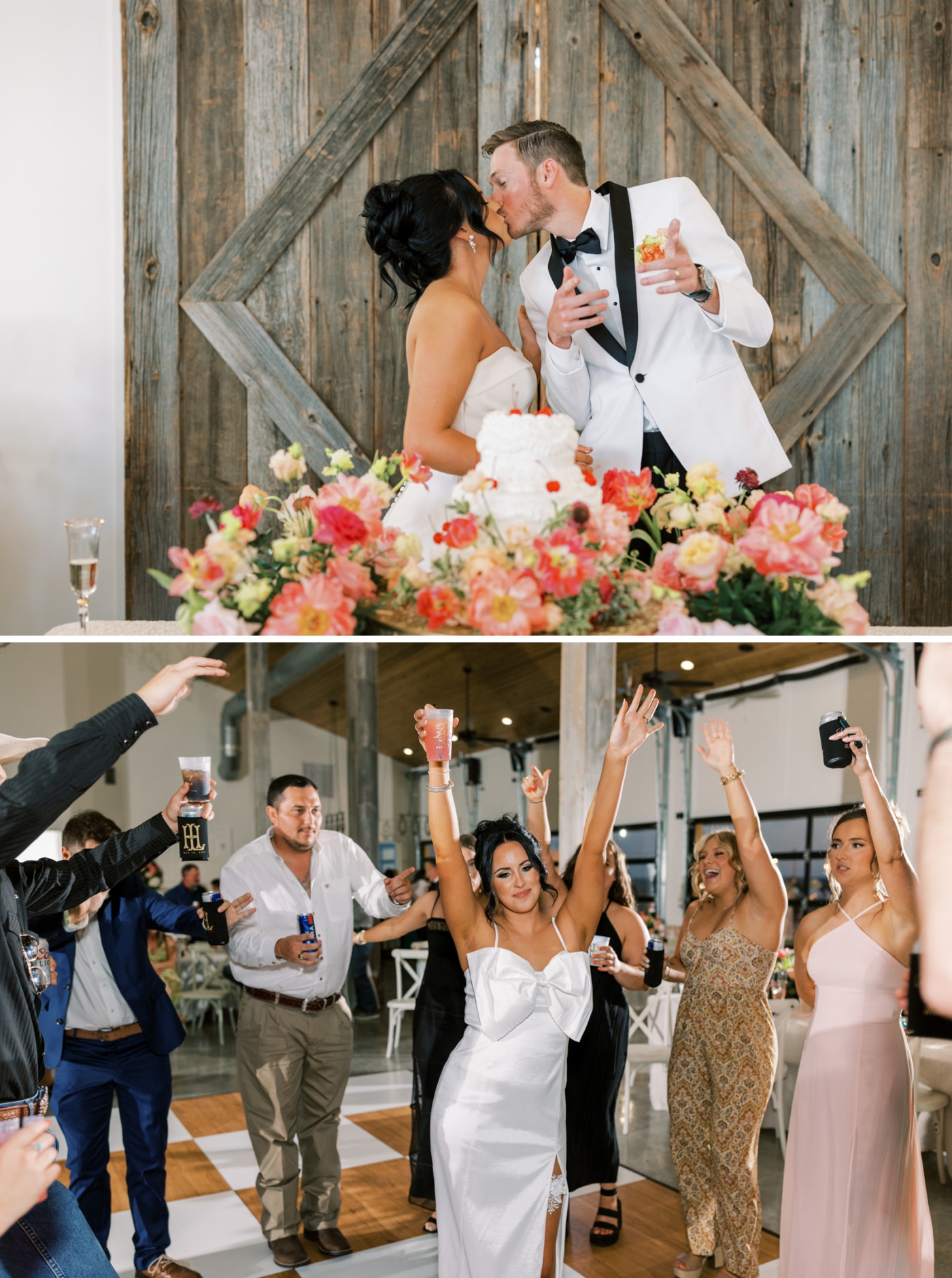 The bride in the center of the dance floor in a white reception dress with a bow