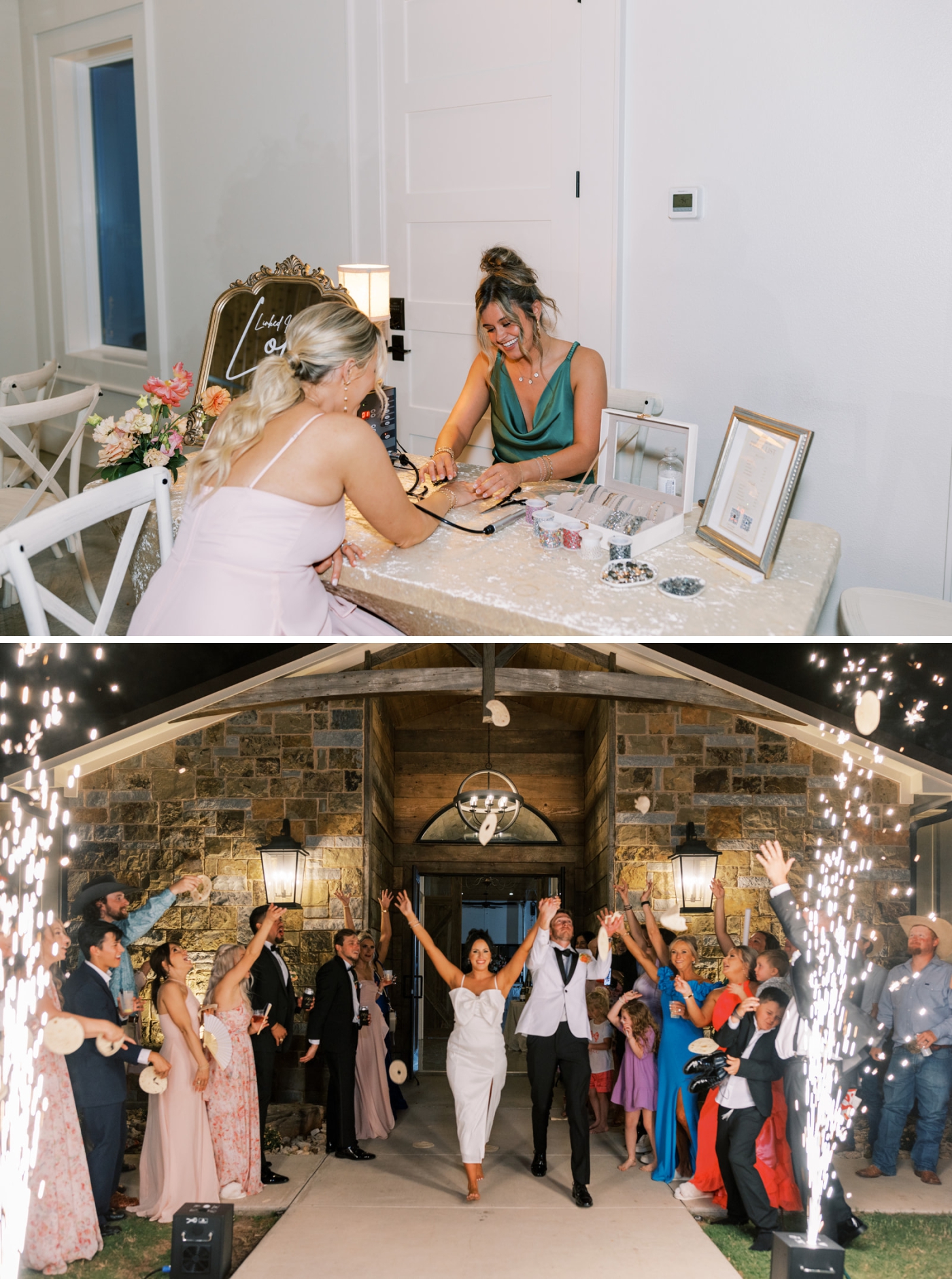 The bride and groom exiting their wedding reception at a North Texas wedding venue