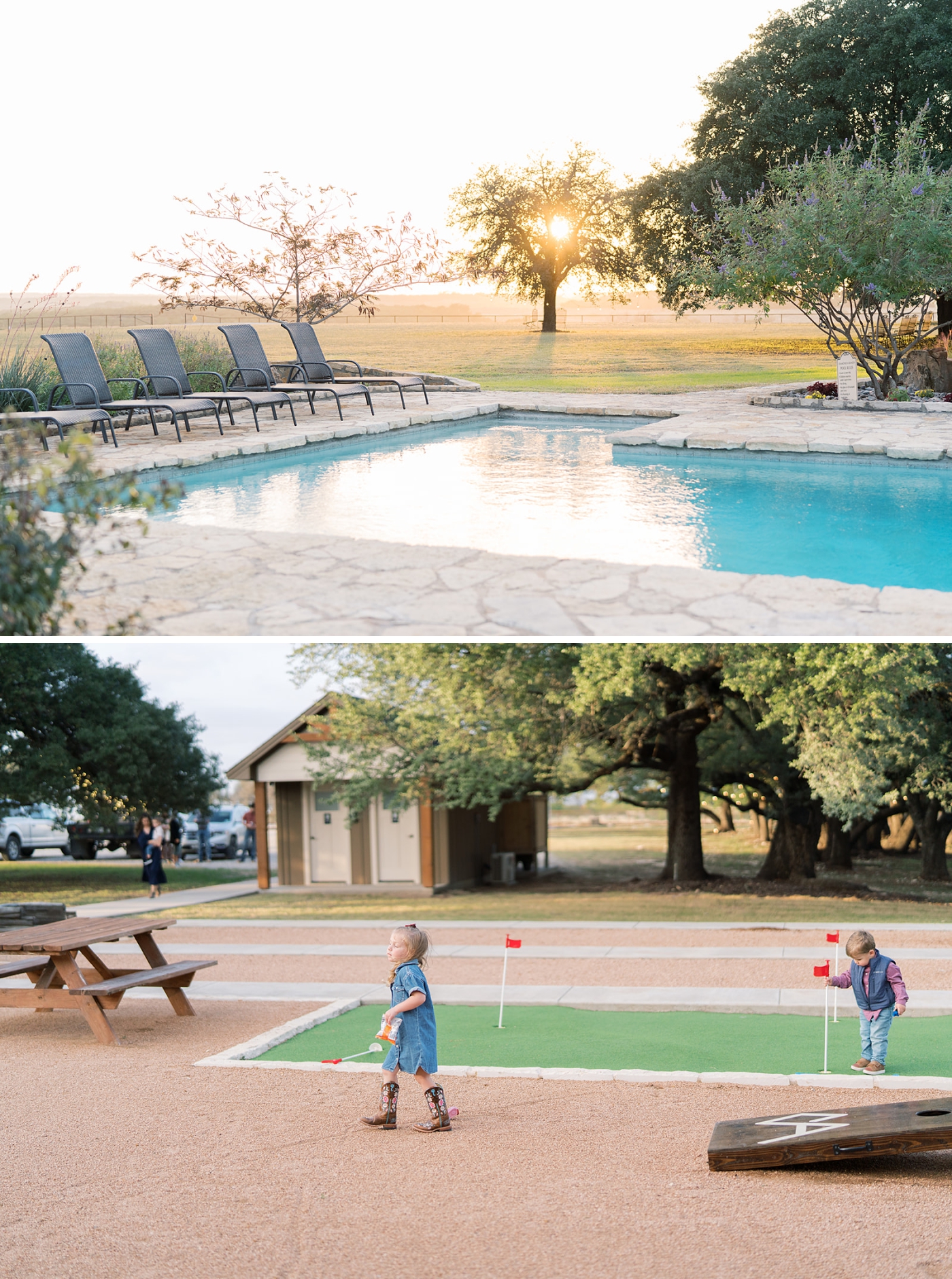 A calm pool next to a putting green at the Diamond A Ranch, a family reunion location in Texas