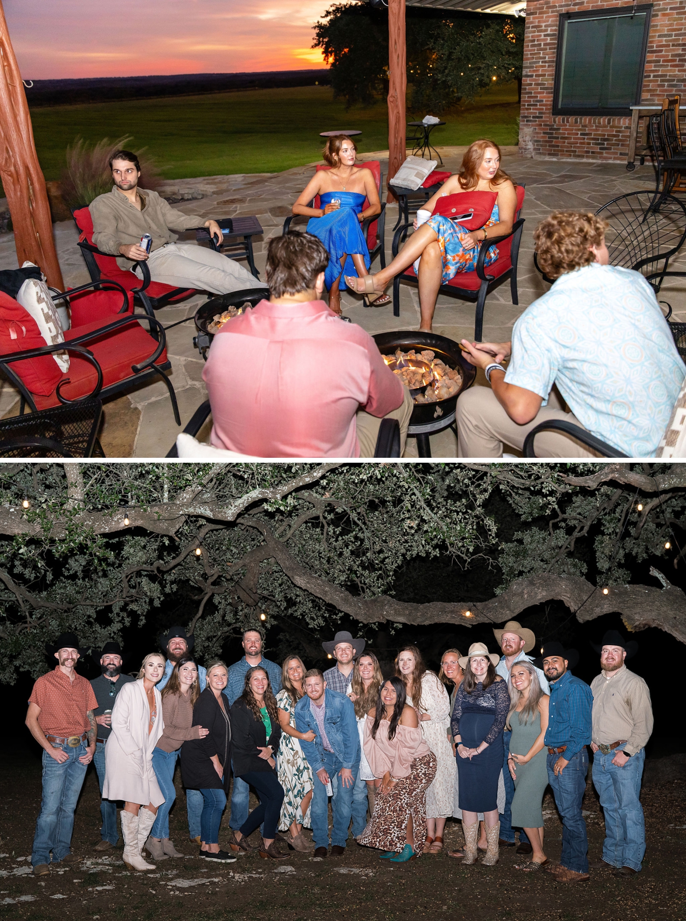 The adults at a family reunion sitting around a fire 