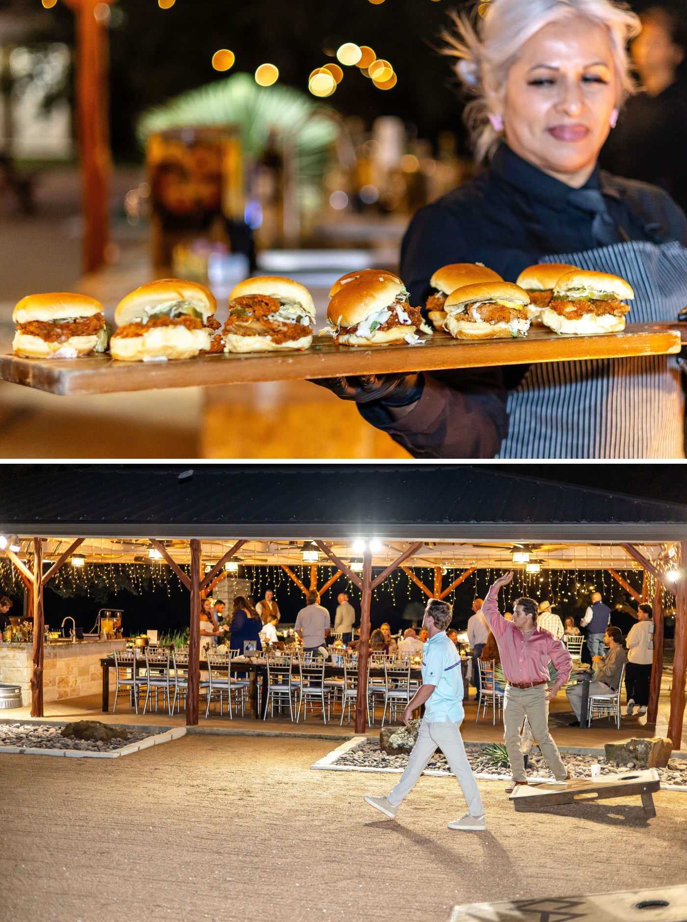 Two boys playing cornhole beside a lit gazebo at a large family reunion location in Texas 