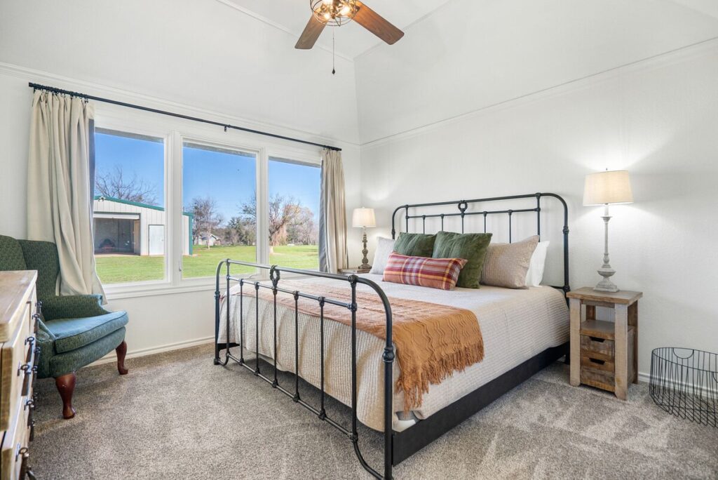 Bedroom in the Loop House at Diamond A Ranch.