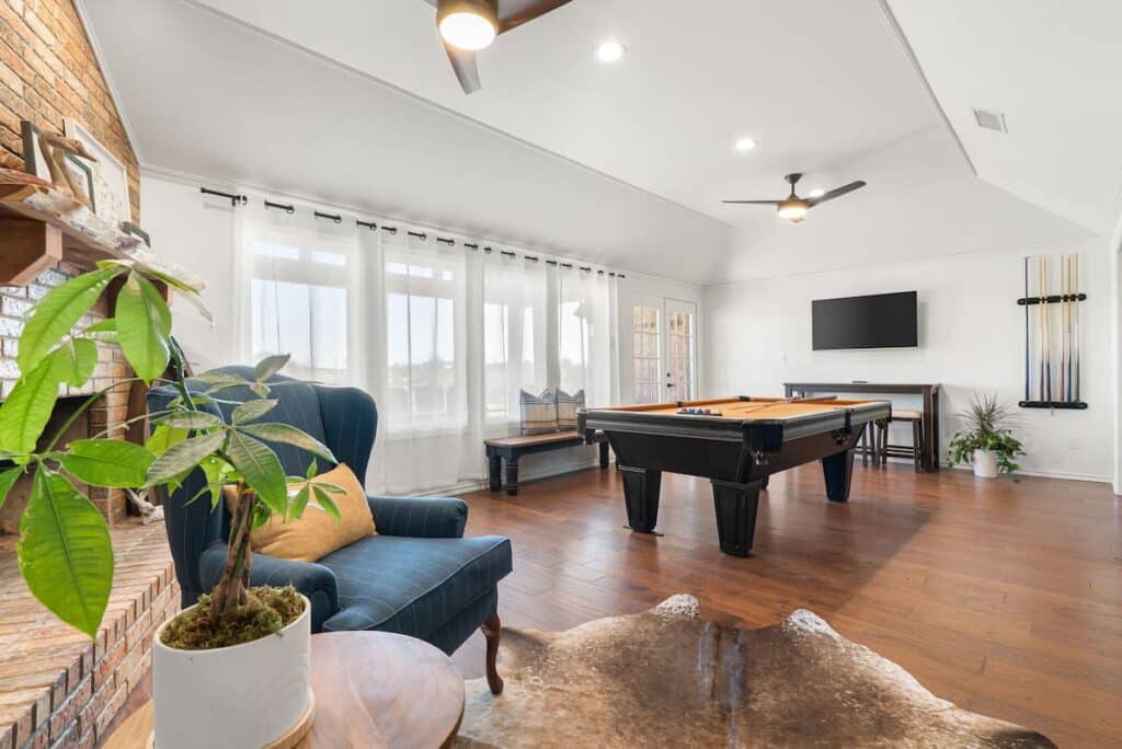 Game room at Diamond A Ranch wedding venue's onsite accommodations, The Loop House.