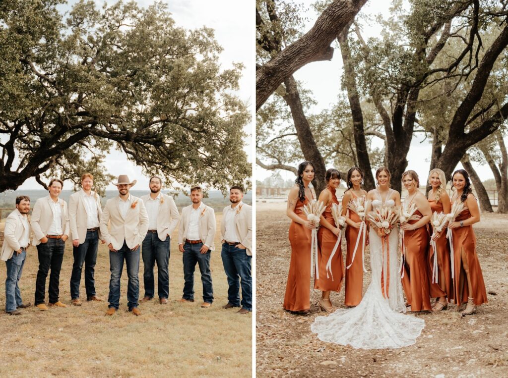 Bride and bridesmaids, wearing rust colored satin dresses, next to the groom with his groomsmen in jeans and khaki suit jackets.