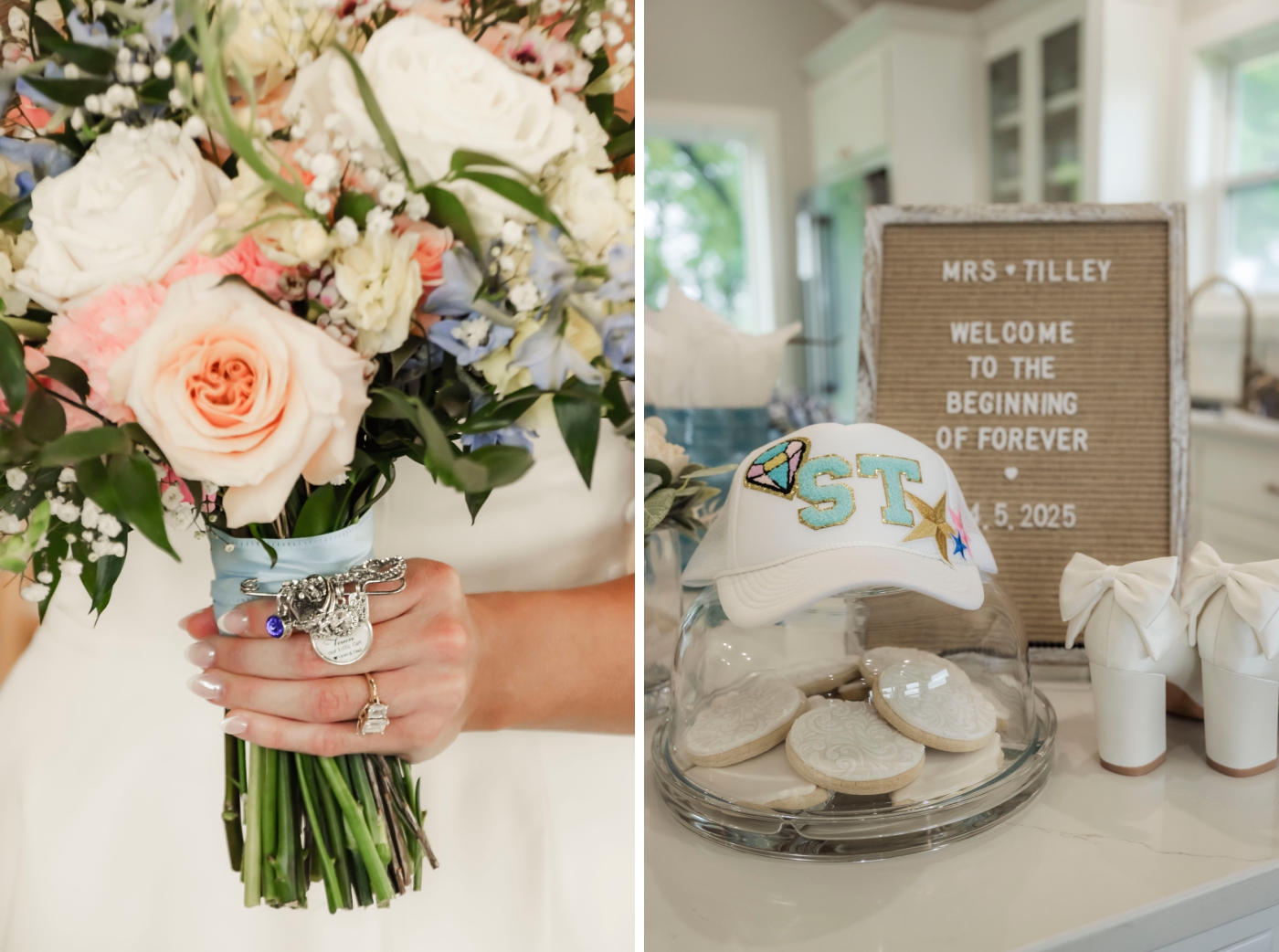 A bride holds a colorful wedding bouquet with a blue ribbon