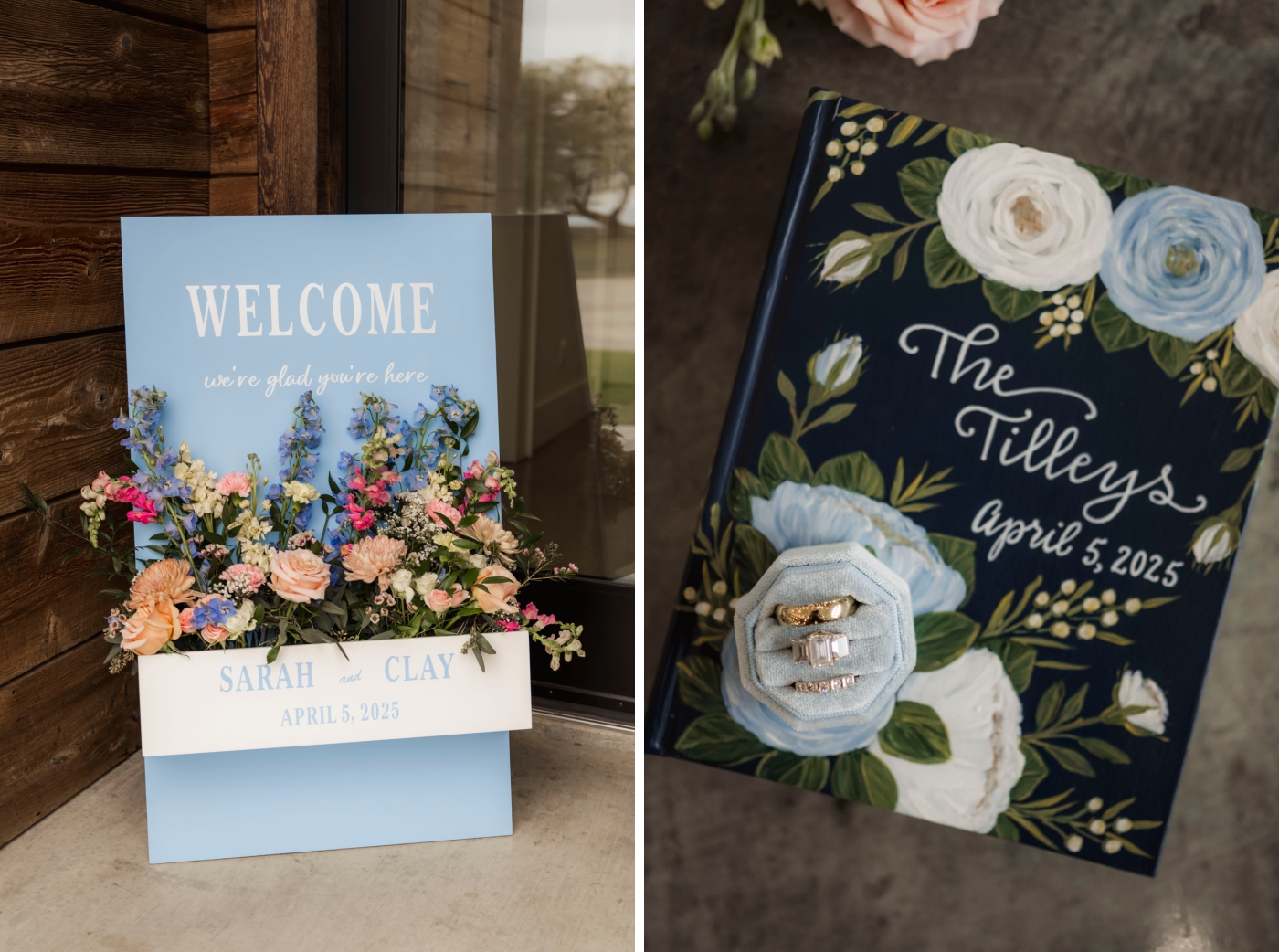 A blue welcome sign for a wedding with a wildflower floral arrangment