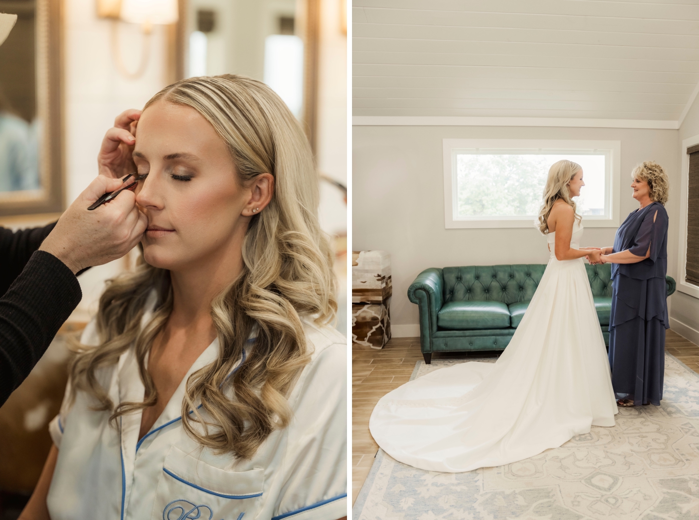 A bride getting dressed before her Texas wedding at Diamond A Ranch