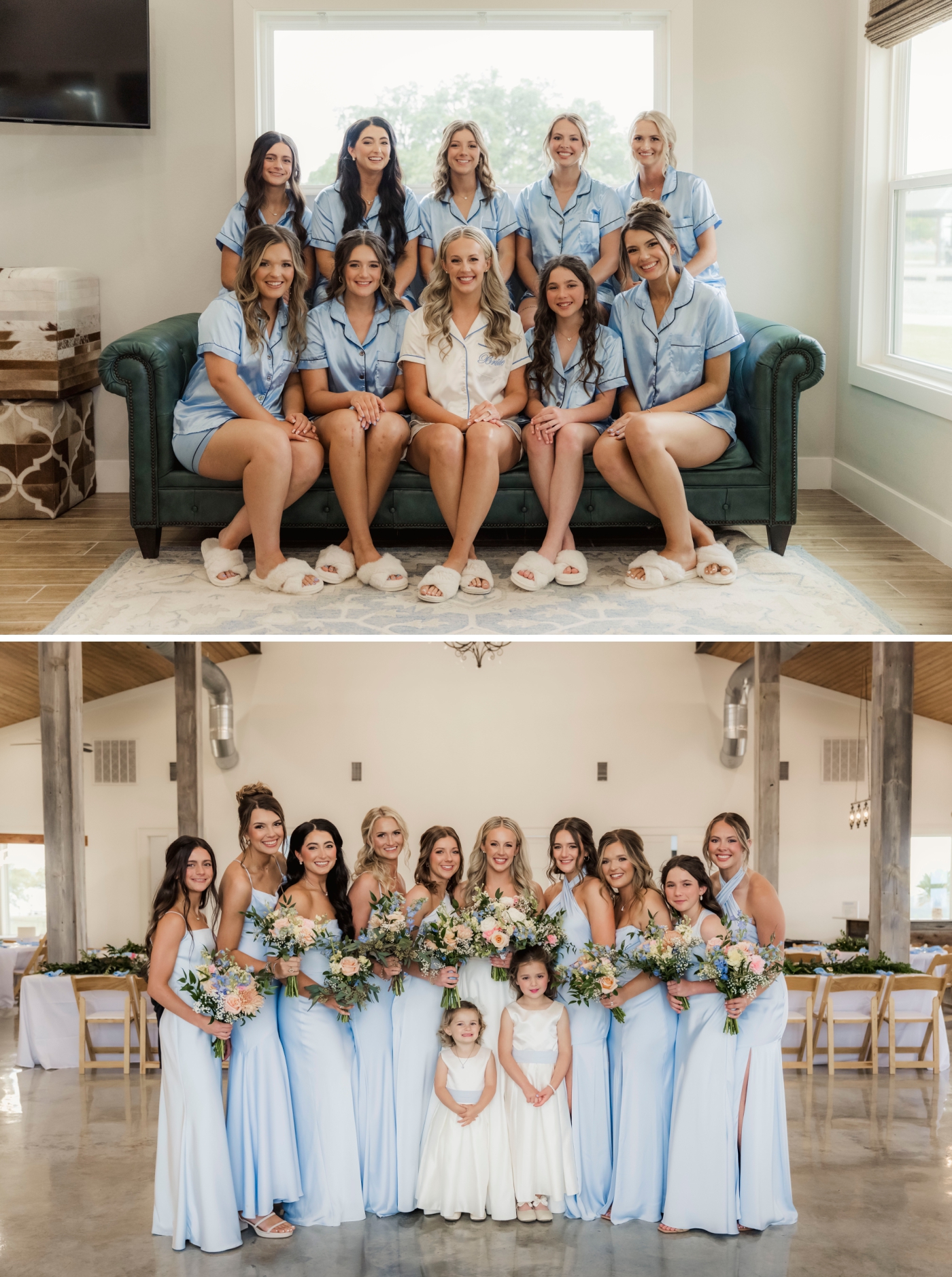A bride in a strapless wedding gown and her bridesmaids in blue silk dresses