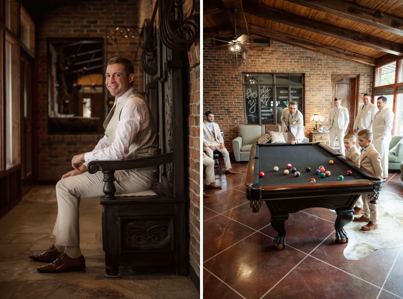 A groom playing pool with his groomsmen before the wedding ceremony
