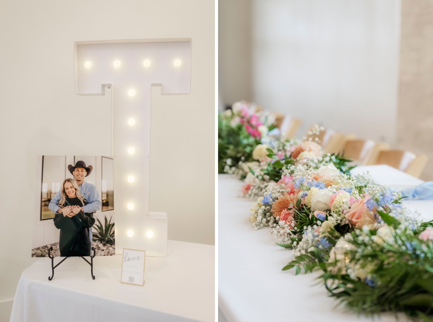 Blush, pink, and blue florals decorating a wedding reception table