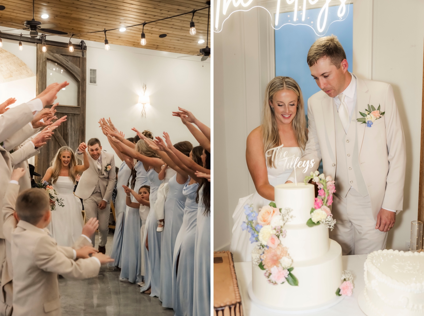 A bride and groom cut their multi-tier wedding cake