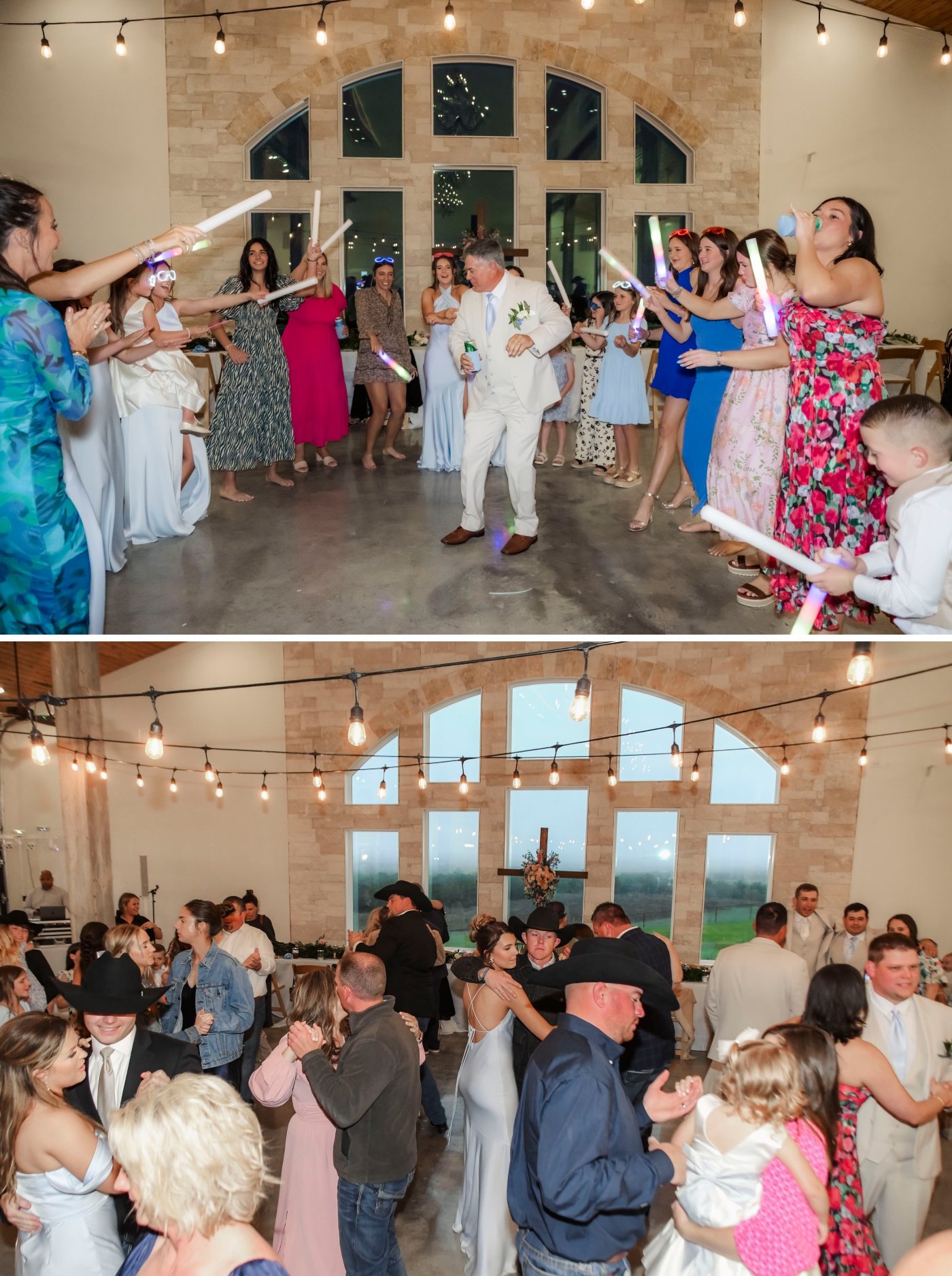 The dance floor full of people at a Texas wedding