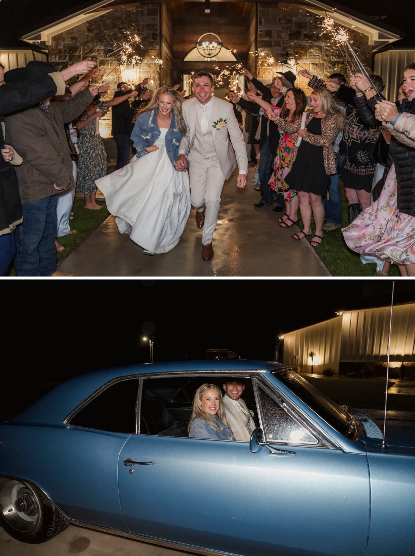 A bride and groom exiting their wedding reception under sparklers